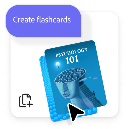 https://main--da-dc--adobecom.aem.page/dc-shared/assets/videos/acrobat/student-spaces/media_1ddf8a473b8371c37f5a61d197dbc062e5cc80752.mp4#_autoplay1|Resources for a psychology course are dropped into a flashcard maker. Without pause, the tool creates flashcards related to the course materials. Cover page fans out to reveal a card.