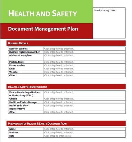 Screenshot of the first page of our free downloadable health and safety document management plan template.