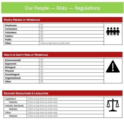 Screenshot of a page from our free downloadable health and safety document plan template to record the categories of people, risks and regulations for a workplace.