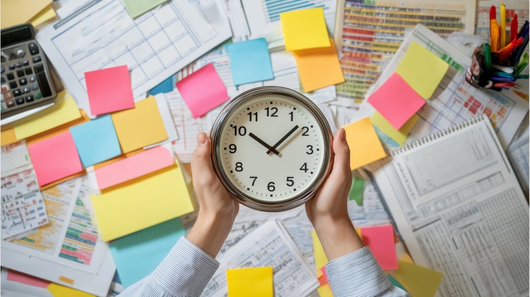 Person holding clock over messy desk with documents and sticky notes illustrating document workflow and time management