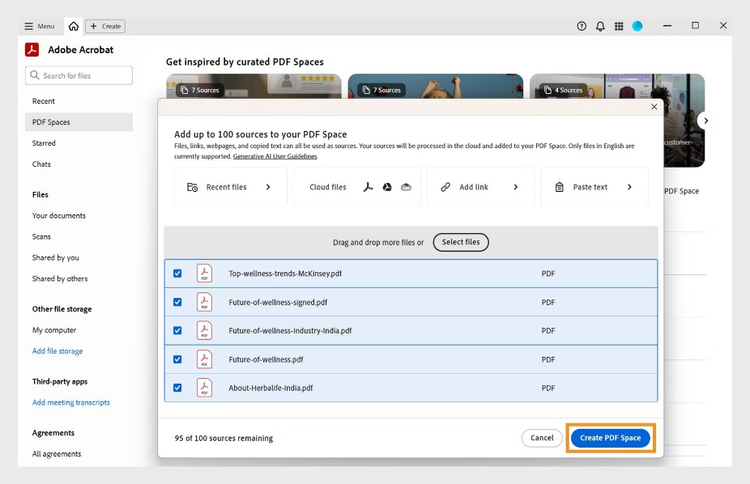 Dialog box for adding source files to a PDF Space, with options to upload from device, cloud storage, text input, or web URL