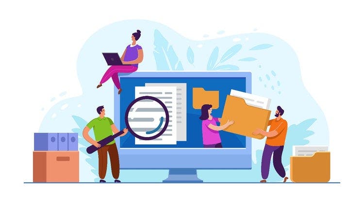 Illustration of a team of four people working on and sharing files collaboratively in different locations via technology.