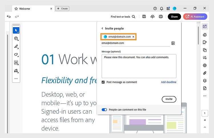 Document management sharing window for inviting people to comment on HR onboarding files