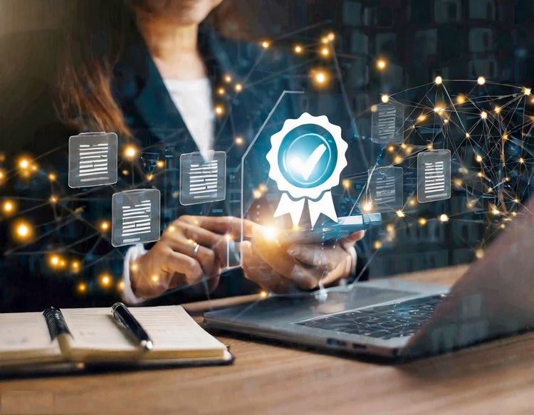 Business professional interacting with digital document certification icons on a touchscreen device.