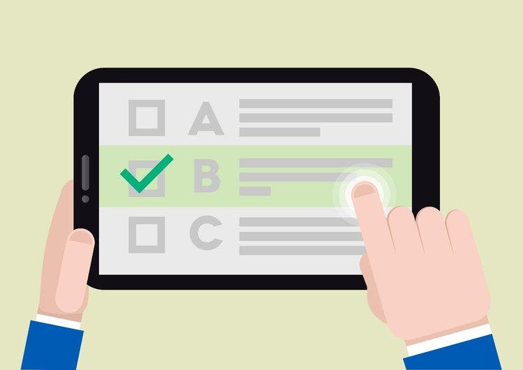 Illustration of a persons hands completing an electronic form with checkboxes, text, and the letters A, B, C on a tablet.