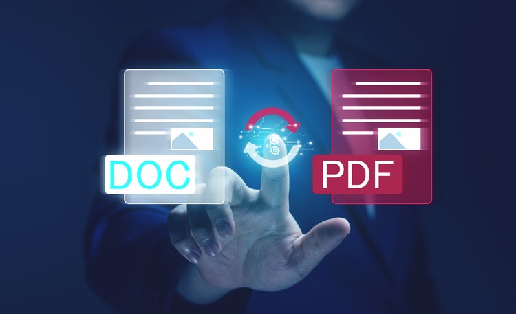 Conceptual illustration of technology converting files into PDF format, showcasing document transformation for seamless sharing