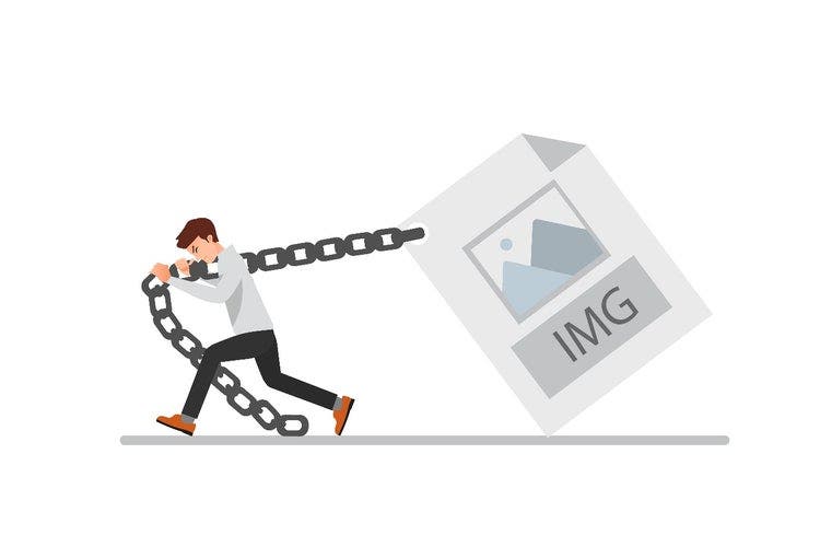 Illustration of a man pulling by a chain a large icon depicting and large image file size.