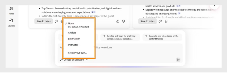 PDF Space chat panel showing options to select a specialist AI Assistant, such as Analyst or Entertainer for personalized insights.