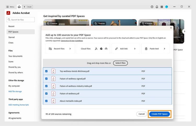 Adobe Acrobat interface creating PDF Space with multiple files selected, highlighting document workflow efficiency