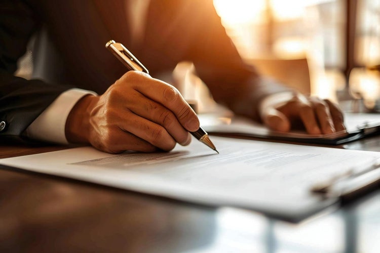 A man writes an affidavit to be signed and notarized.