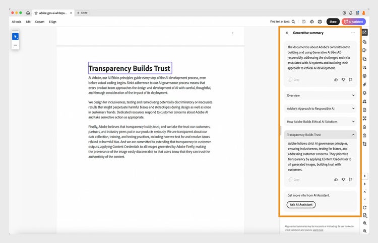 Interface showing HR onboarding and compliance summaries with transparency guidelines