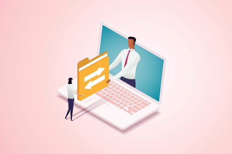 Illustration of a laptop with a person drawn on the screen handing a file folder with a two way arrow to a person standing in front of the keyboard.
