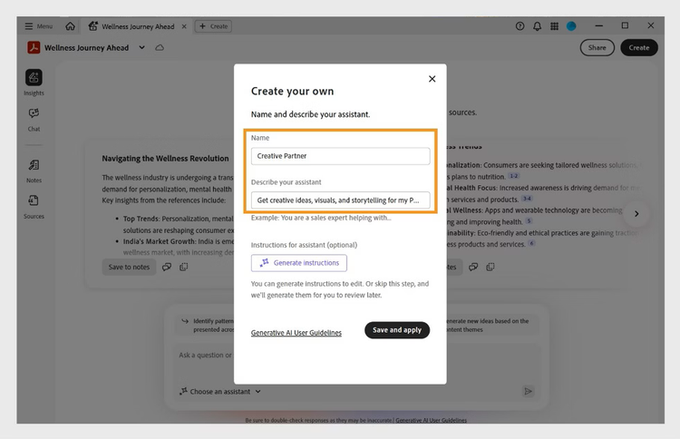 PDF Spaces dialog box for creating a custom assistant with fields to assign name, define goal, and instructions.