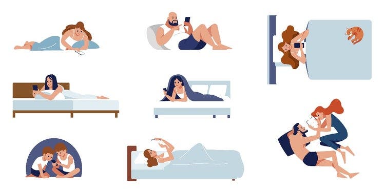 Illustration of different age ranges looking at devices and smart phones in different locations - on a bed, relaxing against a cushion, and kids on the floor.