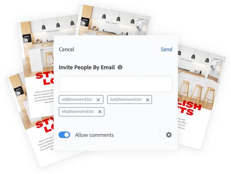 ai document collaboration window inviting users by email with modern interior brochures in background