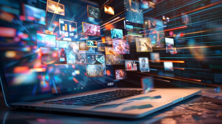 Laptop streaming internet content from multiple sources, showcasing seamless digital connectivity and multitasking in a modern workspace.