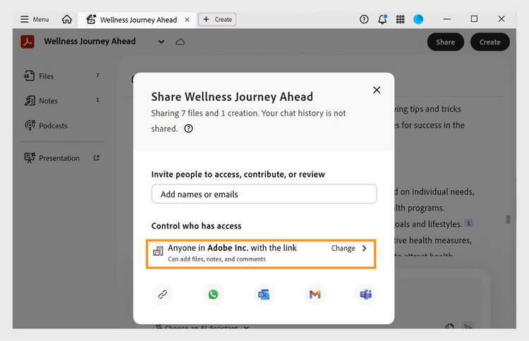 The Share dialog for a PDF Space displays fields to invite people, set link access levels, and choose recipient permissions such as adding files, notes, and comments..