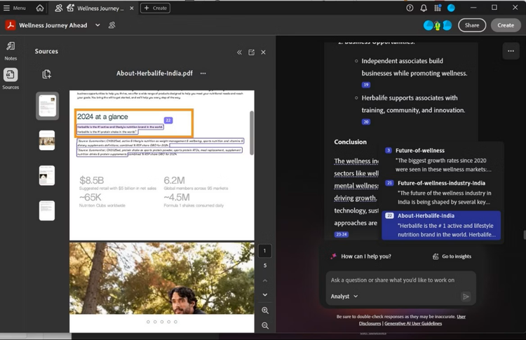 AI-generated content in PDF Spaces show clickable citations to reveal source details for verification and deeper understanding.