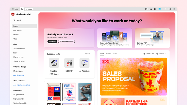 Acrobat Studio Home is a landing page that introduces the user experience through three cards: Add files and links to a PDF Space, Create with Adobe Express, and Edit your PDF.