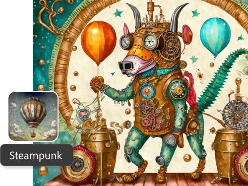 Steampunk art style ai image of a dog generated using Adobe Firefly