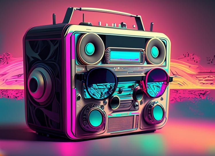 Retro futuristic boom box with sunglasses