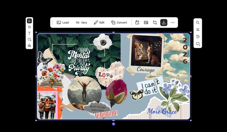 A vision board full of inspirational quotes, butterflies, flowers, friends hugging, a cat seeing a lion in the mirror and a person leaping in triumph.