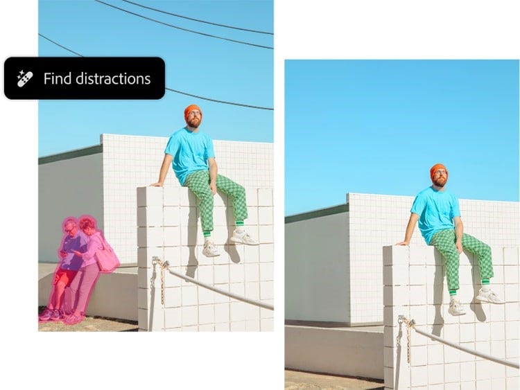 Before-and-after image showing object removal from travel photo