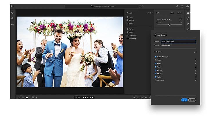 Editing a wedding photo of a groom and bride in Adobe {{lightroom}}