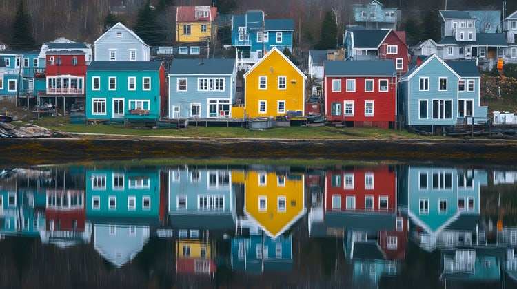 Perfectly symmetrical reflection of colourful houses in still water.