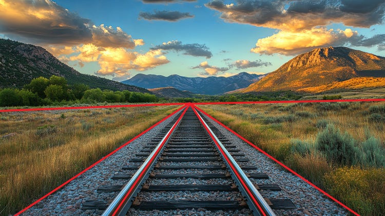 Railway tracks leading to distant mountains as natural lines,