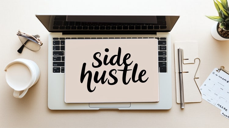 Tablet displaying 'Side hustle' on a laptop with coffee and office supplies nearby.