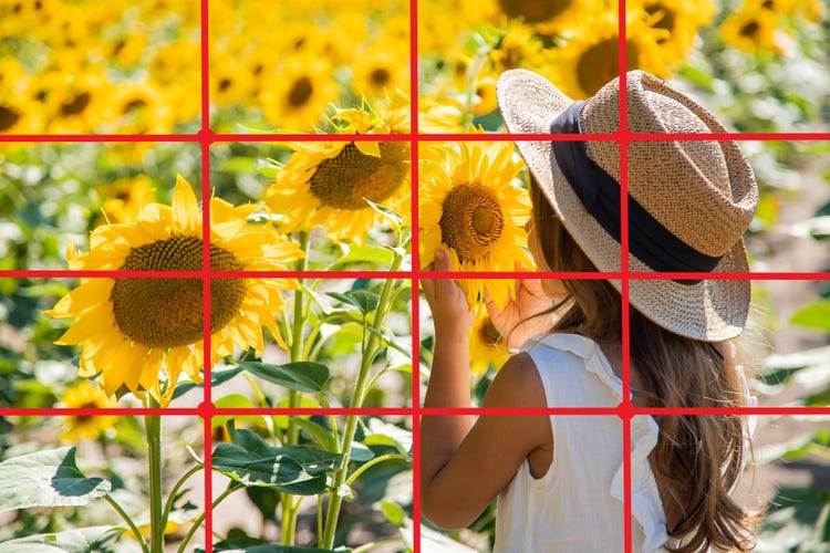 A young girl in a sunflower field, aligned using the quarter frame photography composition technique.