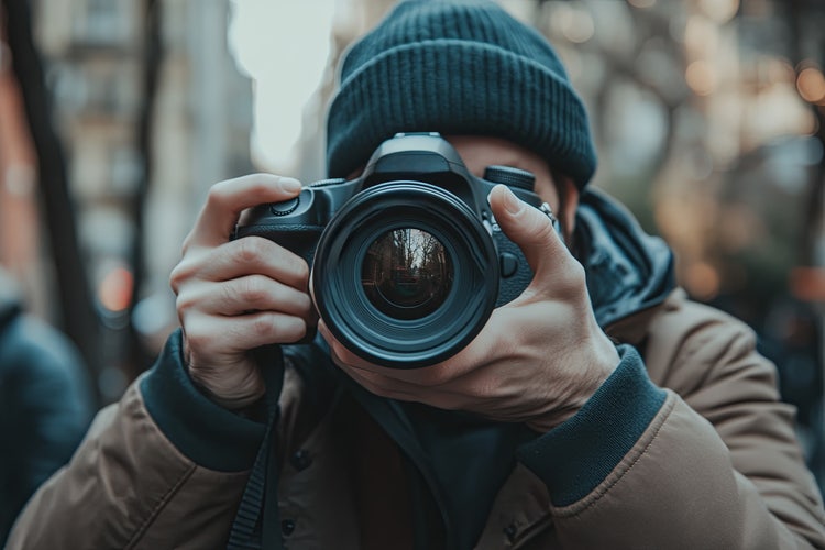 A person using a professional camera in an urban setting, showcasing photography composition techniques.