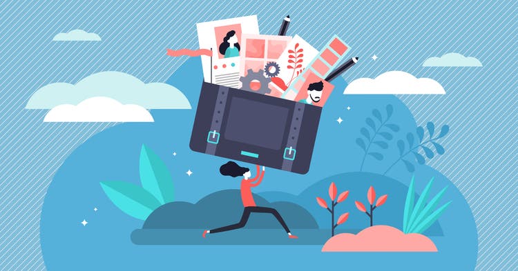 Illustration of a person carrying an oversized portfolio filled with design elements like photos, sketches, and tools, set against a vibrant outdoor background.