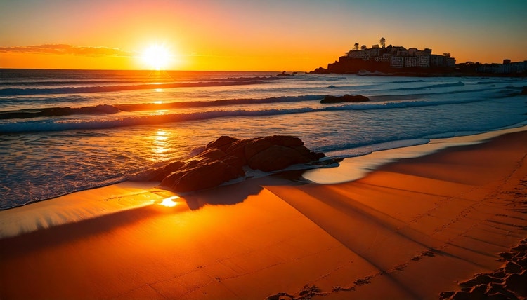 Sunrise at Bondi Beach with horizon on lower third line and sun at intersection point.