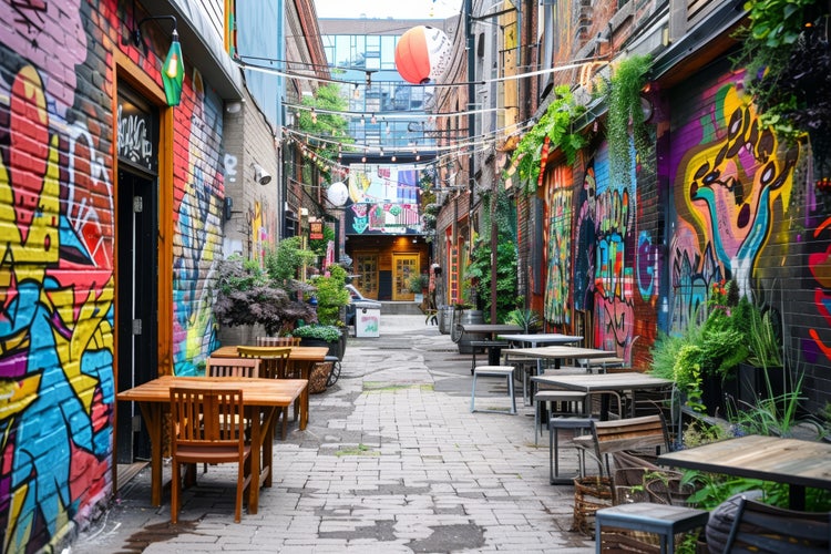 City laneway with art and cafes creating tunnel effect.