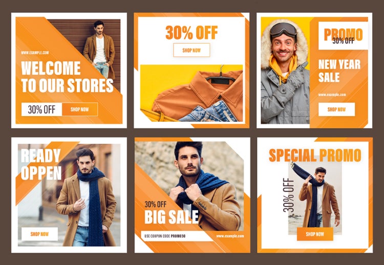 Digital ads / promo layout set with orange gradient accents.