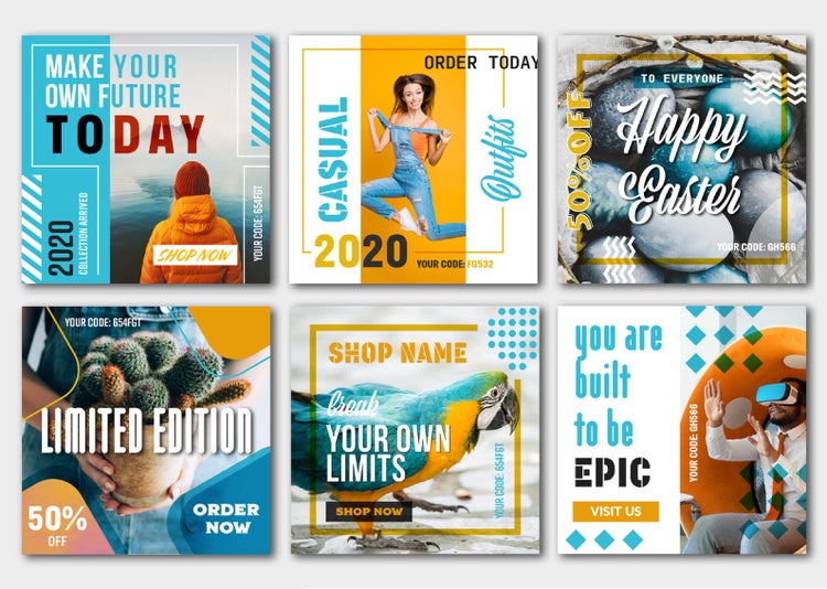 Social media banner layouts with blue and orange accents, featuring modern digital marketing design elements.