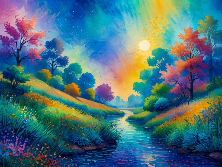 An illustration of a river running through a forest