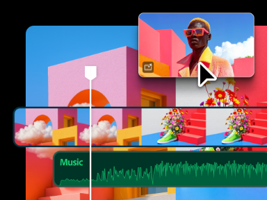 https://main--cc--adobecom.aem.live/cc-shared/assets/video/product/firefly/ai-video-editor/media_1b5bc70ab8836403298ca5ef0426baefc76a63851.mp4#_autoplay | Colourful digital collage of a video editing interface overlaid on a surreal cityscape with pink, blue and orange buildings and clouds; includes a timeline of sneaker thumbnails with flowers, a green audio waveform labelled 'Music,' and an inset of a person in bright clothing and sunglasses.