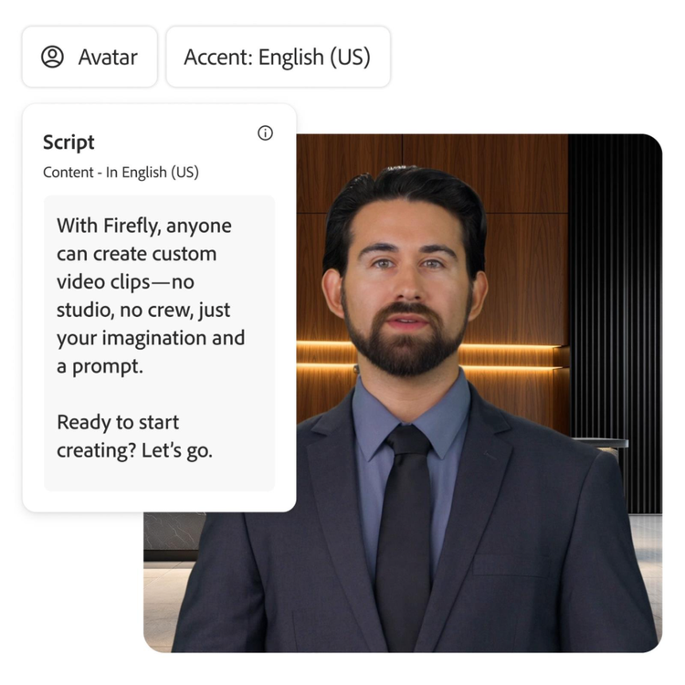 AI generated talking-head avatar of a man speaking to camera in a professional setting, with an on-screen script panel displaying English narration for creating videos with Adobe Firefly.