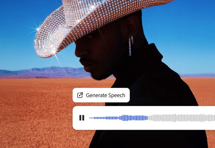 AI speech generation concept showing a person in a sparkling hat and earrings in a desert landscape, with an audio waveform displayed.