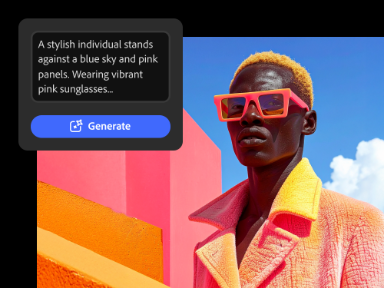 https://main--cc--adobecom.aem.live/cc-shared/assets/video/product/firefly/ai-video-editor/media_19e4a1b26af0015e018bf7415051476eb44adffd0.mp4#_autoplay | Stylish individual wearing vibrant pink sunglasses standing against a backdrop of blue sky and pink panels.