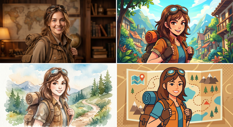 A woman in hiking gear shown in four scenes, from photorealistic to cartoon to watercolour painting styles