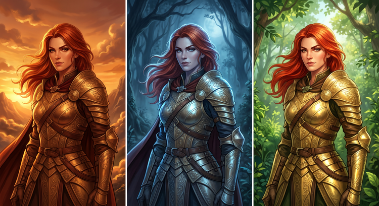 Female warrior on a split screen in three different backgrounds