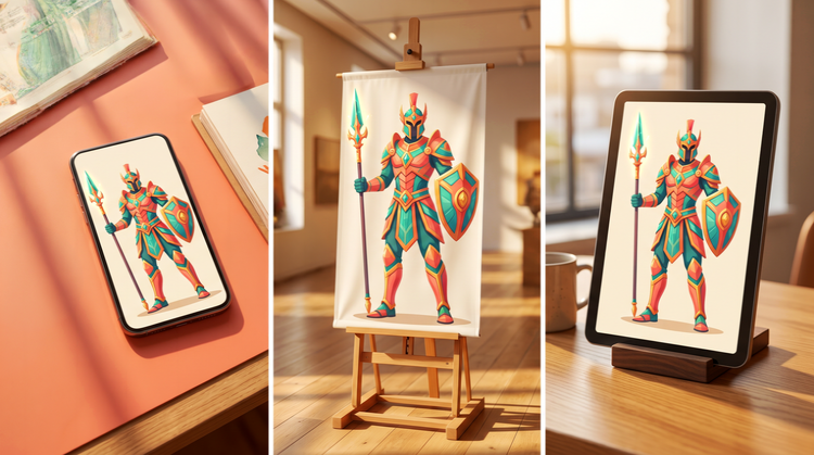 Generated knight in colourful armour shown on a phone, a printer banner and on a tablet