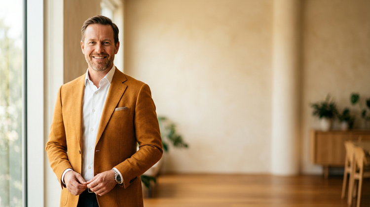 Professional profile photo of a man in a dress shirt and blazer generated by AI