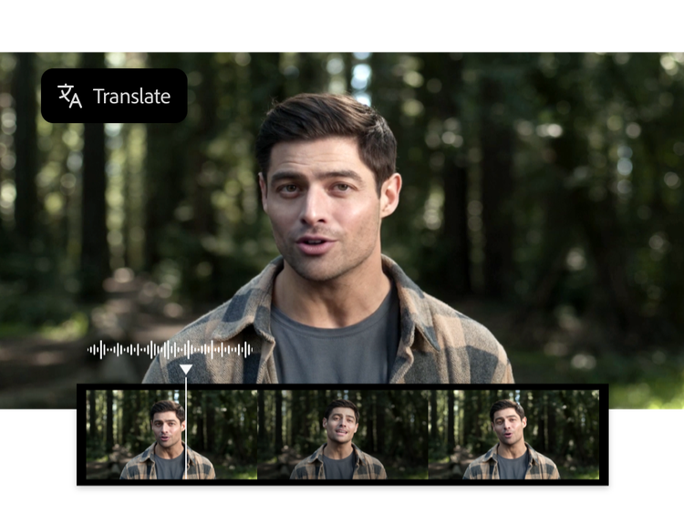 Translate Audio ui snapshot of young man in a forest setting speaking to the camera with a blurred background.