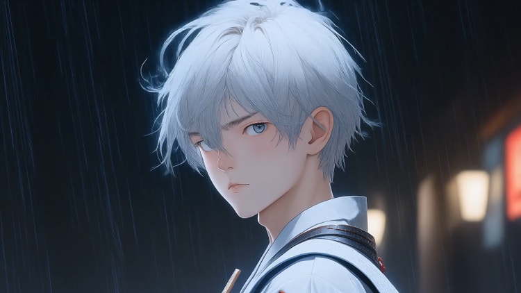Screenshot of Ai generated anime animation of a boy with white hair in the dark room