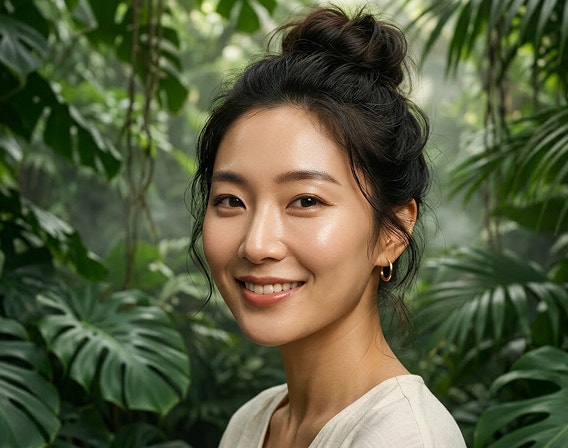 Close up AI-generated portrait of a young woman, shown from the shoulders up, with a messy bun against a jungle backdrop.